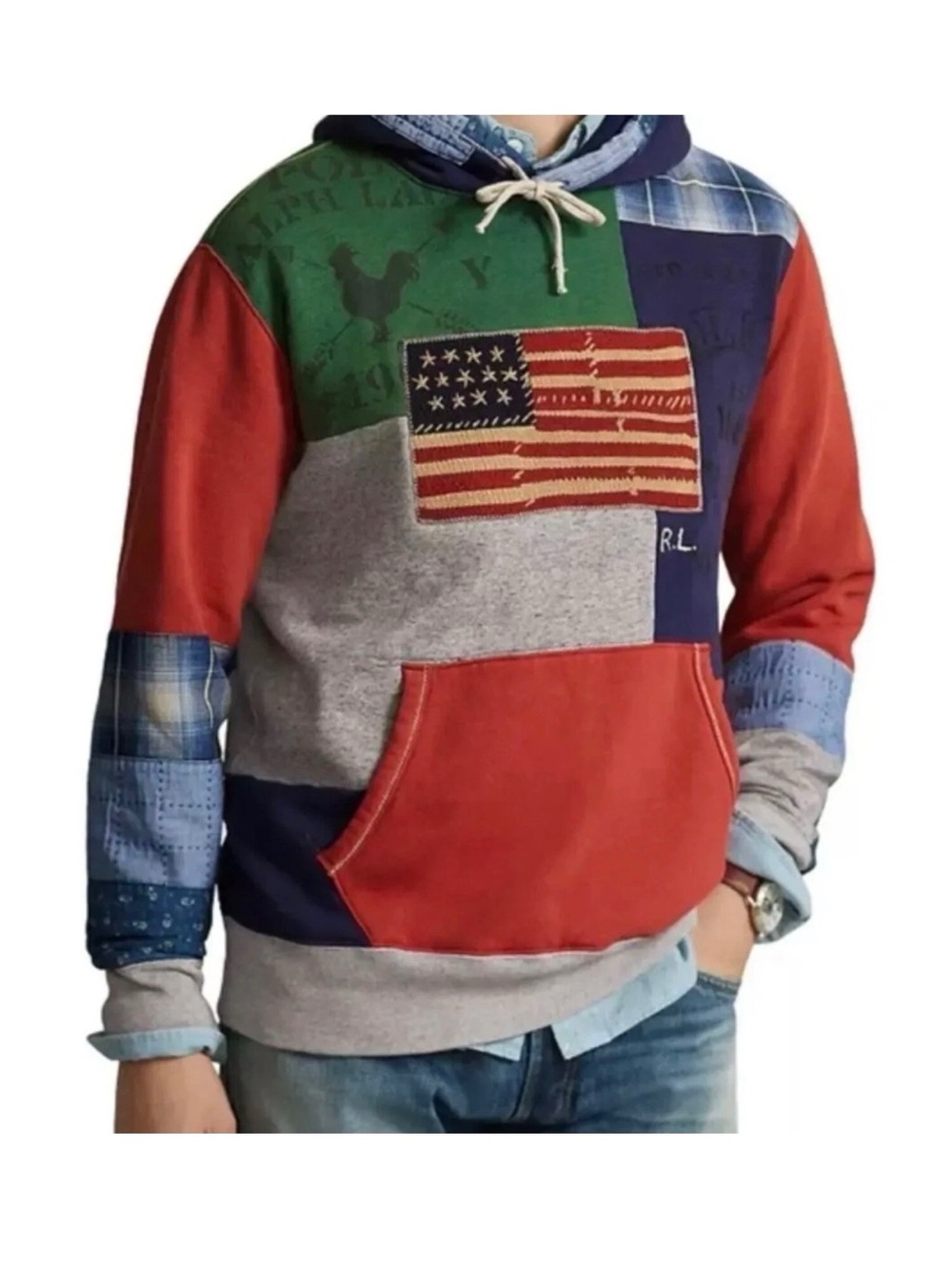 Ralph Lauren Patchwork American Flag Hoodie - Red, Green, Navy, Gray